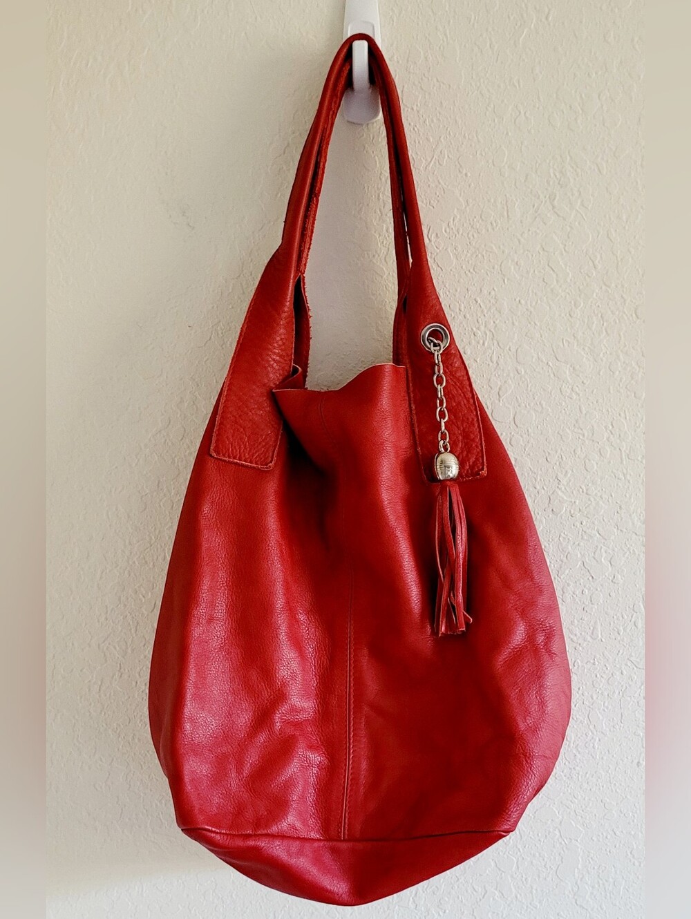 Nardelli Red Leather Tassel Hobo Shoulder Slough Bag. Medium. Boho Indie Sleaze.